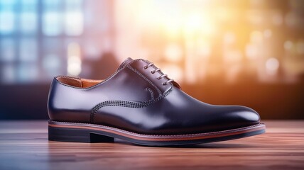 A black dress shoe with a brown sole sits on a wooden table