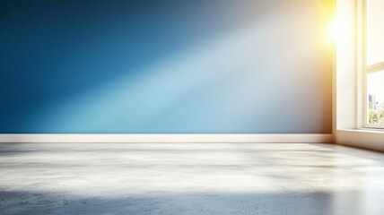 Wall Mural - A large empty room with a blue wall and a window