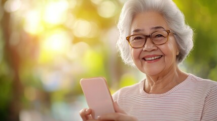 Canvas Print - A woman in a pink shirt is holding a cell phone