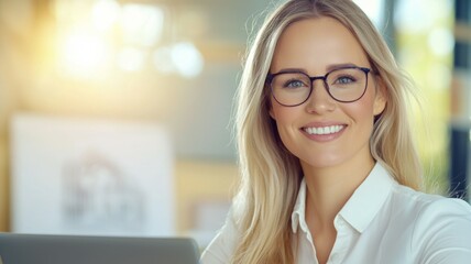 Canvas Print - A woman with blonde hair and glasses is smiling at the camera