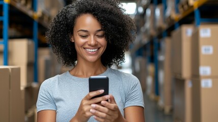 Canvas Print - A woman is smiling while looking at her cell phone