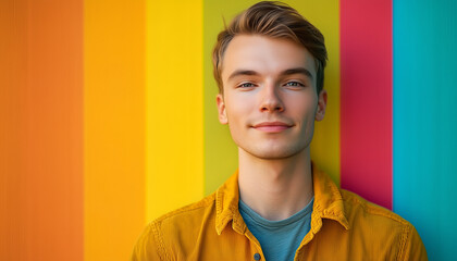 Young Caucasian male with a confident smile posing against a vibrant, multicolored background, wearing a casual yellow shirt.