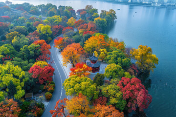 Poster - Red trees by the lake in autumn