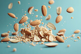 Amandes entières et concassées volant en l'air