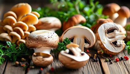 Gourmet Culinary Ingredients: Close-Up of Varied Mushrooms with Fresh Herbs on Wooden Table