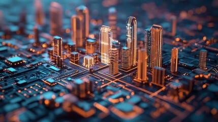 Leinwandbilder - Cityscape on Circuit Board.