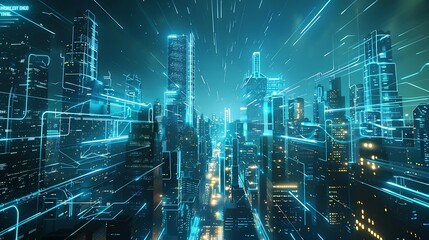 Wall Mural - Futuristic cityscape with network lines connecting buildings, illuminating the city with a bright blue glow at night.