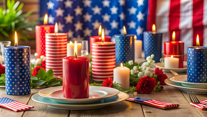 Festive table setting with red, white, and blue Independence Day candles , Independence Day, patriotic