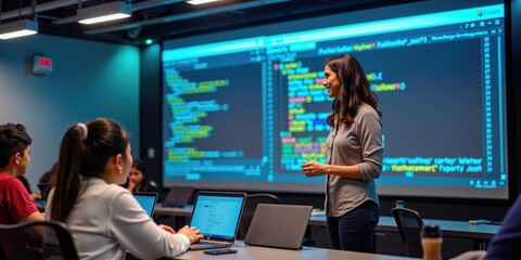 Wall Mural - indian female programming teacher explains coding to engaged students in tech classroom
