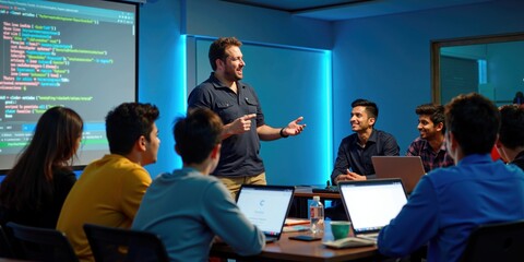 Wall Mural - indian male programming teacher explains coding to engaged students in tech classroom