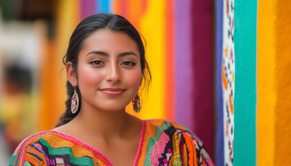 Young Hispanic woman wearing colorful traditional clothing, stands confidently in front of vibrant, striped murals, exuding joy and cultural pride.