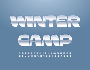 Wall Mural - Vector seasonal logo Winter Camp. Elegant Silver Font. Modern Alphabet Letters and Numbers set.