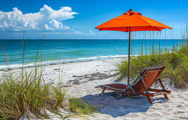 Relaxing beach scene with a wooden lounge chair and orange umbrella by the ocean