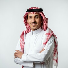 Wall Mural - Confident Saudi Arabian Man Smiling in Traditional Thobe and Shemagh Against White Background