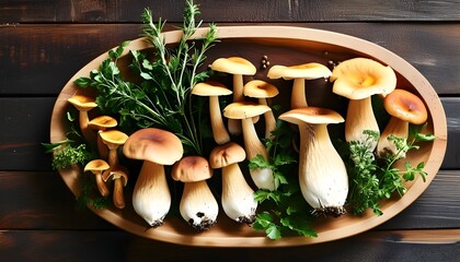 Gourmet Display of Fresh Assorted Mushrooms and Herbs on a Rustic Wooden Plate Emphasizing Organic Ingredients and Plant-Based Culinary Art