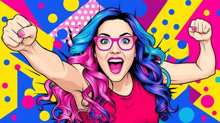 Wall Mural - Vibrant comic book artwork featuring a woman with expressive blue and pink hair, excitedly raising her fist, with a lively background of colorful rays, dots, and abstract shapes.