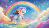 Cartoon girl hugging unicorn under rainbow in dreamy atmosphere with watercolor technique , magical, fantasy, whimsical