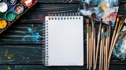 Wall Mural - creative art work table concept, mock up blank notebook sketchbook, paintbrushes set and paintbox fo