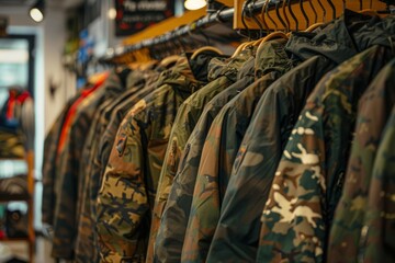 camouflage hunting jackets hanging on clothes rack