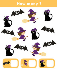 Wall Mural - How many counting game with cute halloween illustration. Counting educational children game. Math kids activity sheet.