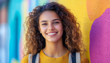 Smiling young woman with curly hair standing against a colorful graffiti wall, wearing a yellow sweater and carrying a backpack.