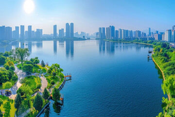 Urban residential buildings by the lake