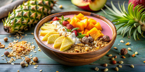 Tropical fruit smoothie bowl with granola, coconut flakes, and fresh pineapple chunks , tropical, fruit