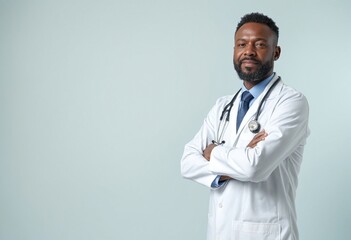 A confident doctor standing with his arms crossed against a blue background