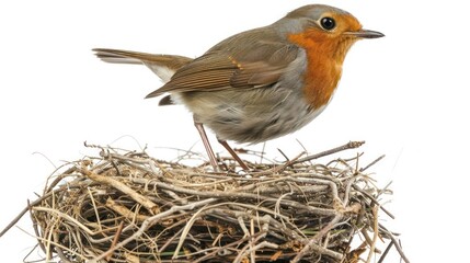 A robin with a nest isolated on a transparent background.