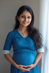 Wall Mural - A pregnant woman is smiling and wearing a blue dress. She is holding her stomach and looking at the camera