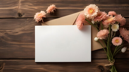 Thank you card with flower bouquet decoration top view on wooden background.