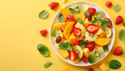 Wall Mural - Plate of yummy fruit salad on yellow background, top view. Space for text