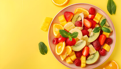 Plate of yummy fruit salad on yellow background, top view. Space for text