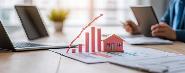 Inflation growth effects on the housing market illustrated with a rising price chart and house models