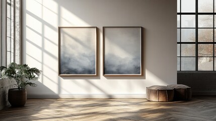 Wall Mural - Minimalist room with framed artwork and natural light.