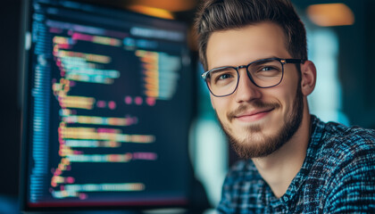 A young Caucasian male programmer with glasses and a beard smiles confidently in front of a computer screen displaying colorful code in a modern office setting.