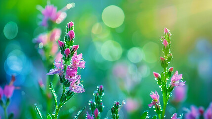 Close-up shot of a bright wildflower glistening in the morning dew.