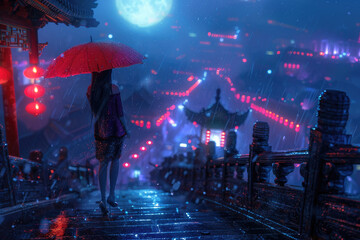 Poster - The ancient town on a rainy day, with red lanterns and stone bridges