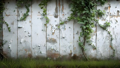 Wall Mural - Aging Metal Plate Wall Adorned with Creeping Vines and Lush Grass in Vintage Charm