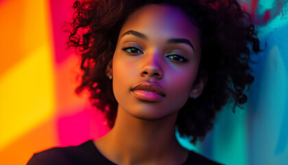 Wall Mural - Portrait of a young African-American woman against a vibrant, colorful background, with her curly hair framing her face. Her calm, confident expression shines through.