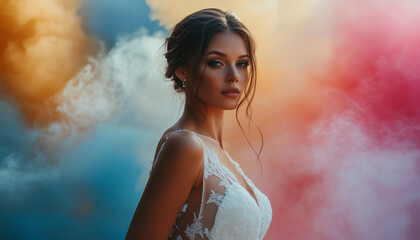 A young bride with long dark hair in a white lace wedding dress stands confidently amidst a colorful smoke setting, radiating elegance and grace.