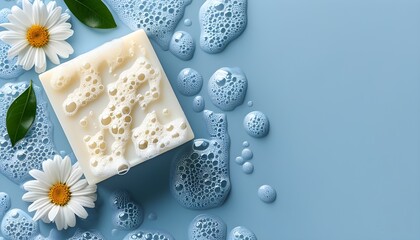 Minimalist white soap bar surrounded by foam on a serene pastel blue backdrop, creating a clean and refreshing ambiance