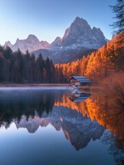 Canvas Print - Boathouse on Lake with Mountains