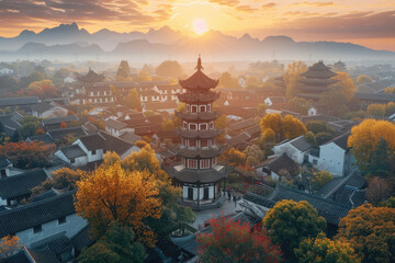 Wall Mural - In autumn, the pagoda by the river in the countryside