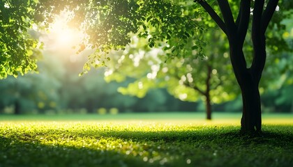 Poster - Abstract serene green park landscape with blurred trees and sunlight bokeh creating a tranquil outdoor garden atmosphere