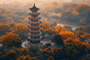 Poster - In autumn, the pagoda by the river in the countryside