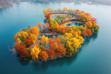 Poster - Red trees by the lake in autumn