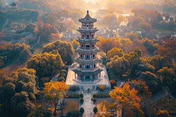 Poster - In autumn, the pagoda by the river in the countryside