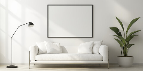 Blank horizontal picture frame mockup on a white wall in a living room with a white sofa, lamp, and flowers. Poster frame mockup in Scandinavian style living room interior