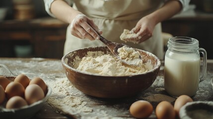 Baker's hands kneading dough in a wooden bowl with flour, eggs and milk on a rustic wooden table.